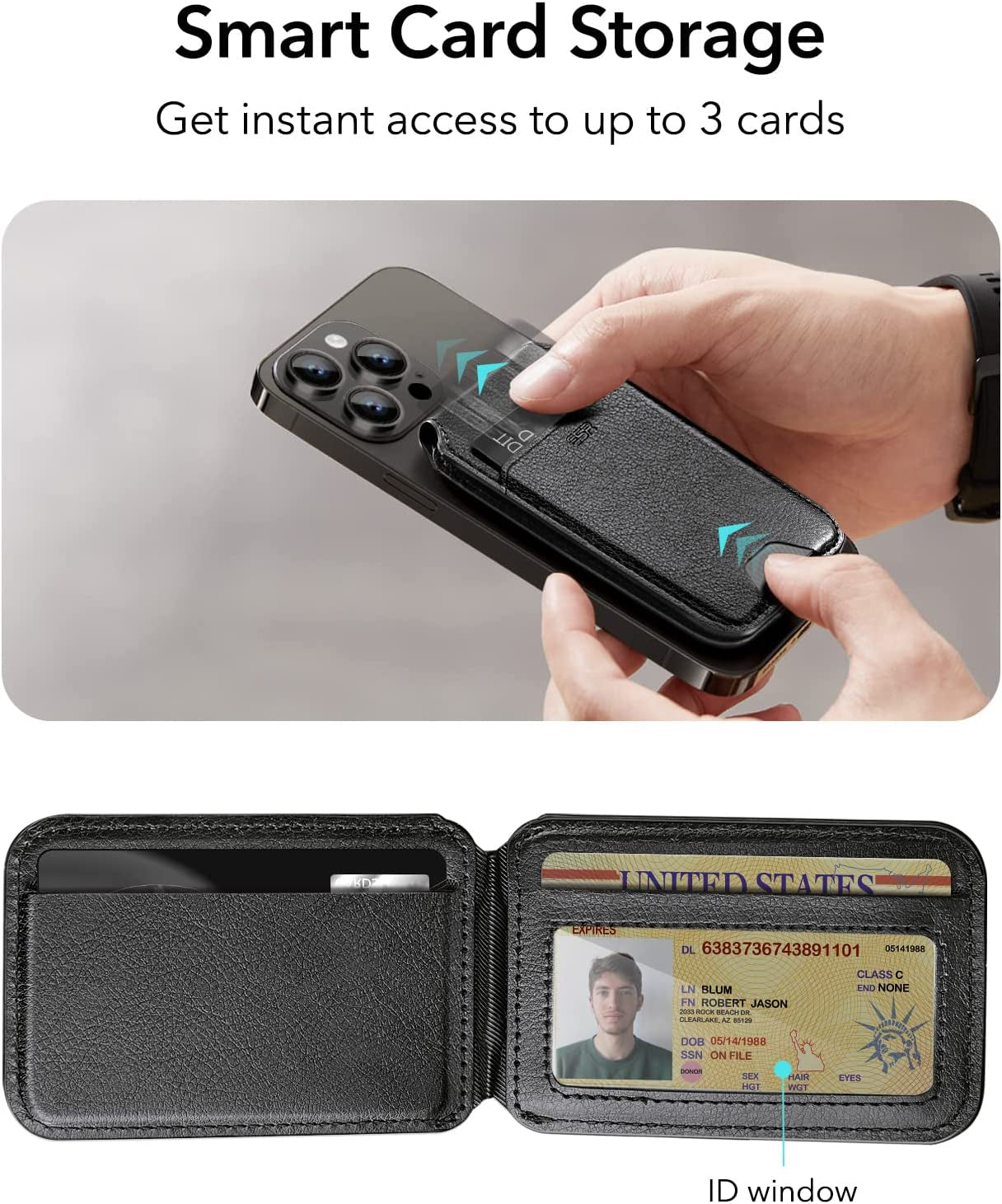 Magnetic Wallet (Halolock), Compatible with Magsafe Wallet, for Iphone Wallet with Adjustable Stand, for Iphone 15/14/13/12 Series, Not for Iphone 13/12 Mini, 3 Card Holder, Vegan Leather, Black
