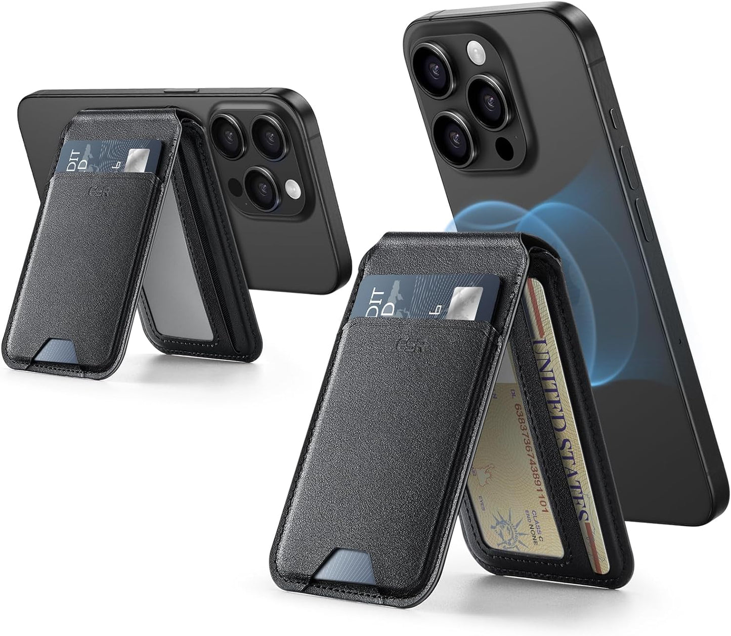 Magnetic Wallet (Halolock), Compatible with Magsafe Wallet, for Iphone Wallet with Adjustable Stand, for Iphone 15/14/13/12 Series, Not for Iphone 13/12 Mini, 3 Card Holder, Vegan Leather, Black