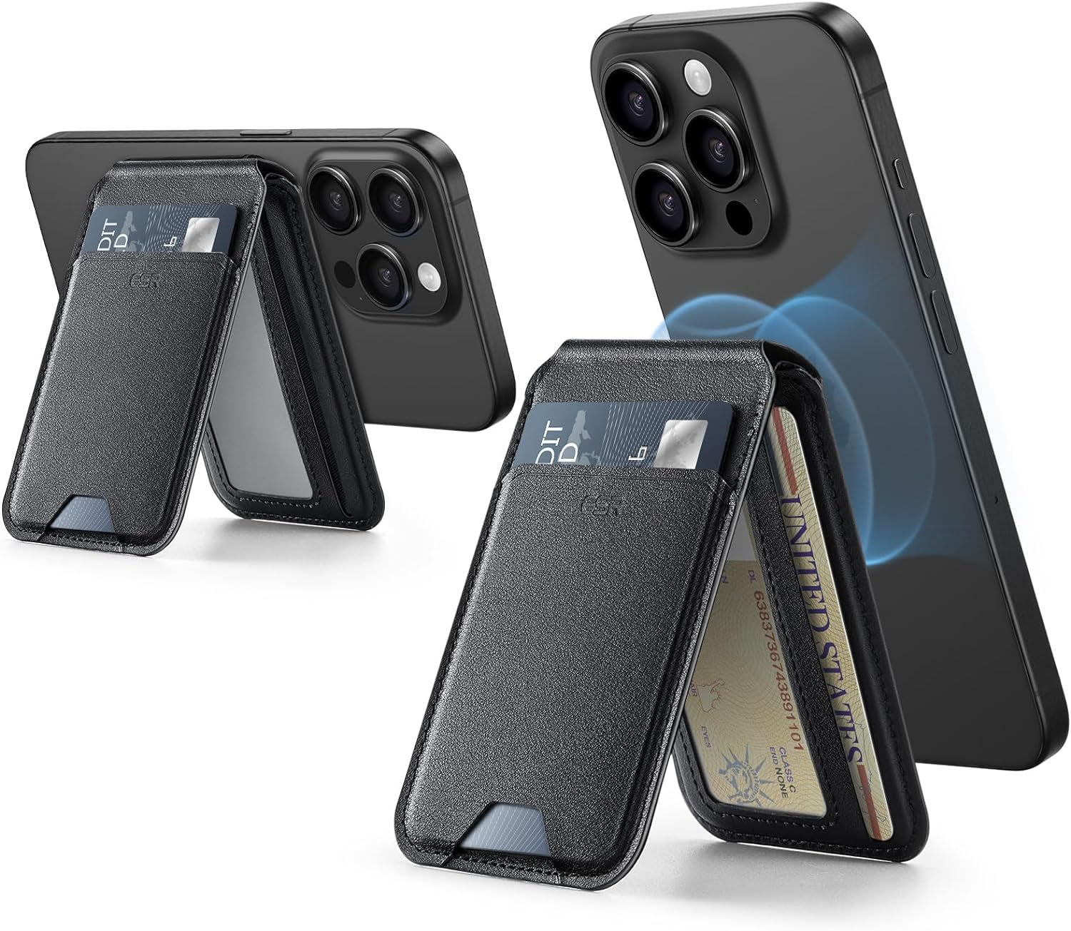 Magnetic Wallet (Halolock), Compatible with Magsafe Wallet, for Iphone Wallet with Adjustable Stand, for Iphone 15/14/13/12 Series, Not for Iphone 13/12 Mini, 3 Card Holder, Vegan Leather, Black