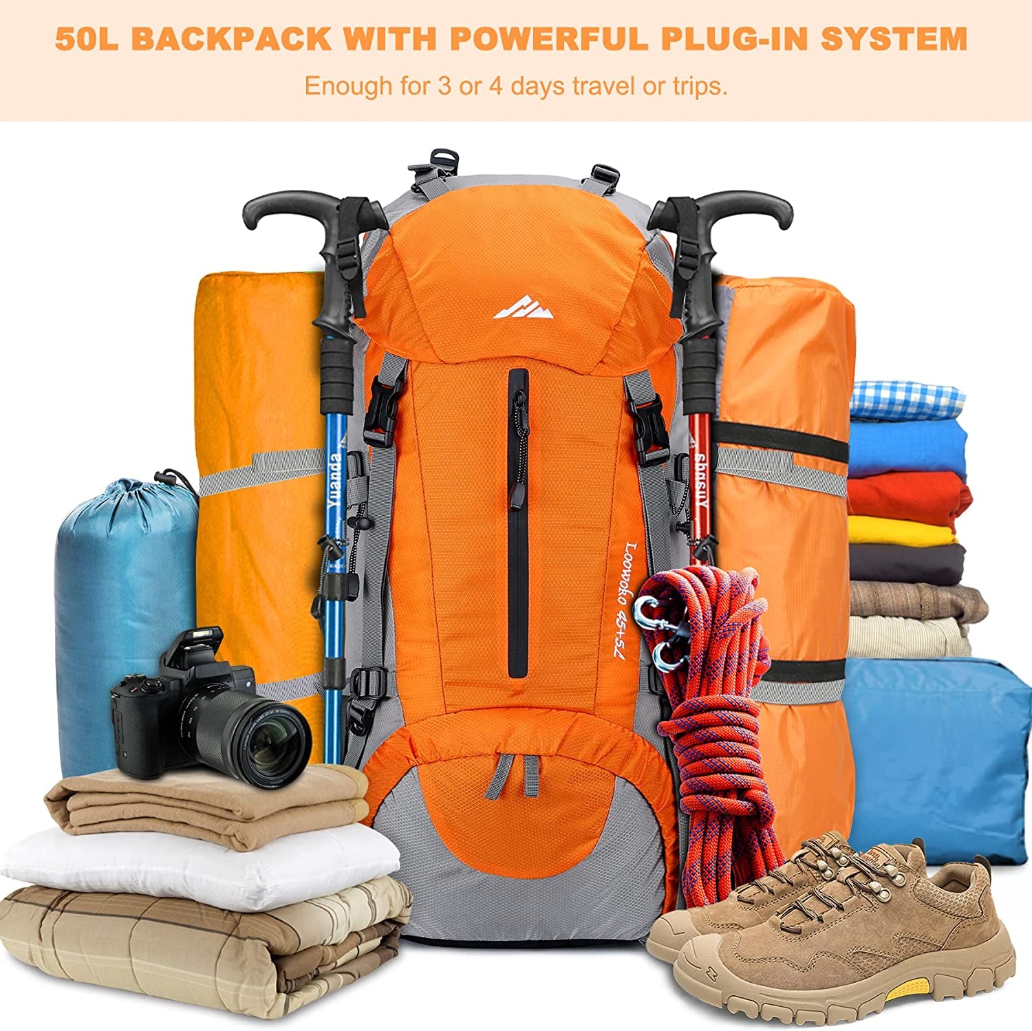 50L Hiking Backpack, Waterproof Camping Essentials Bag with Rain Cover 