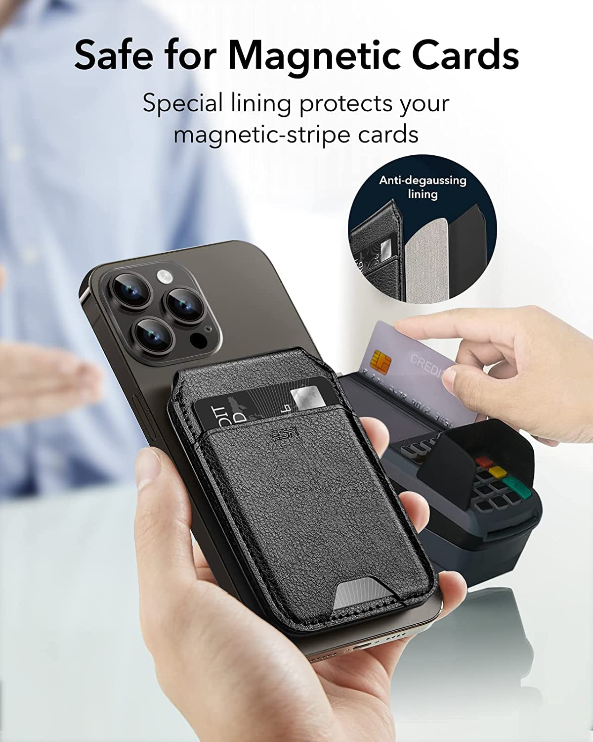 Magnetic Wallet (Halolock), Compatible with Magsafe Wallet, for Iphone Wallet with Adjustable Stand, for Iphone 15/14/13/12 Series, Not for Iphone 13/12 Mini, 3 Card Holder, Vegan Leather, Black